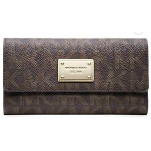 Michael Kors MK Signature Brown Coated Twill Flap Continental Wallet‎